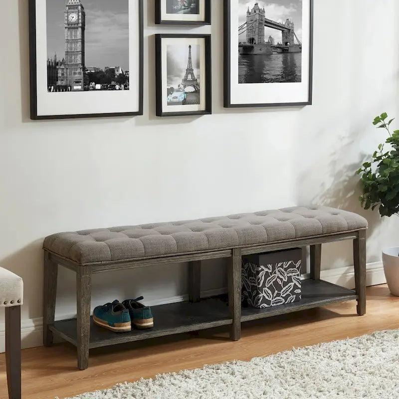 Beavers Point Rustic Linen Tufted Storage Entryway Bench by The Gray Barn