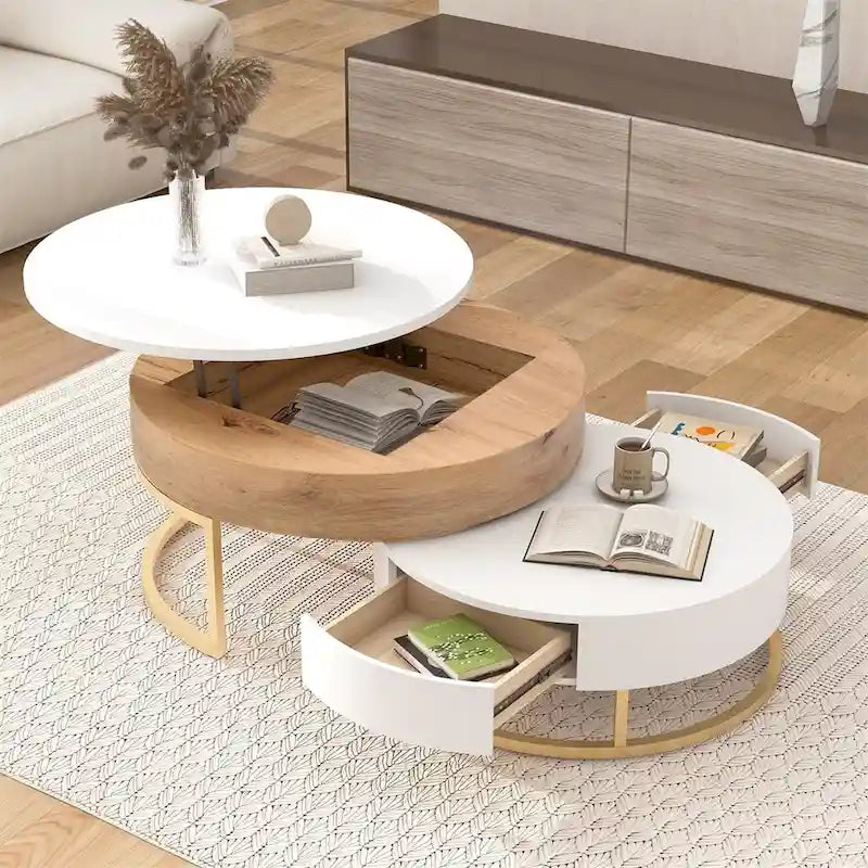 Merax Modern Round Lift-top Nesting Coffee Tables with 2 Drawers