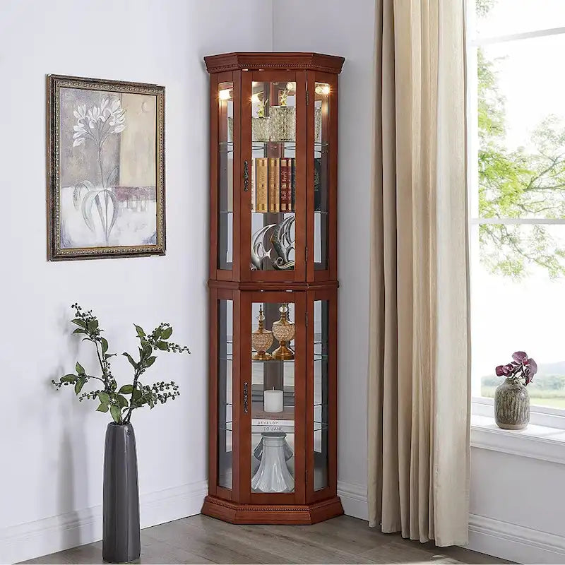 Corner Curio Cabinet with Lights Adjustable Tempered Glass Shelve