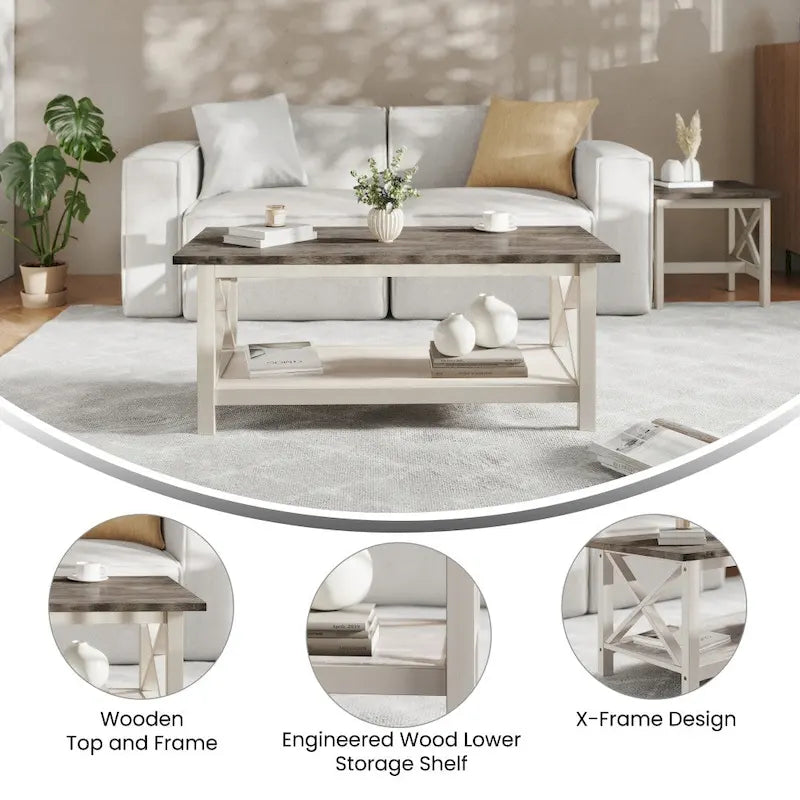 Tavolino da caffè in stile fattoria tradizionale in legno massello