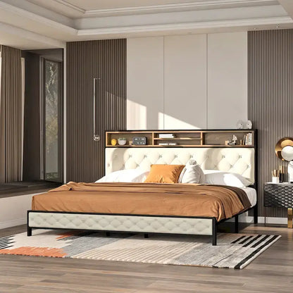 Letto contenitore imbottito moderno King con base di alimentazione USB