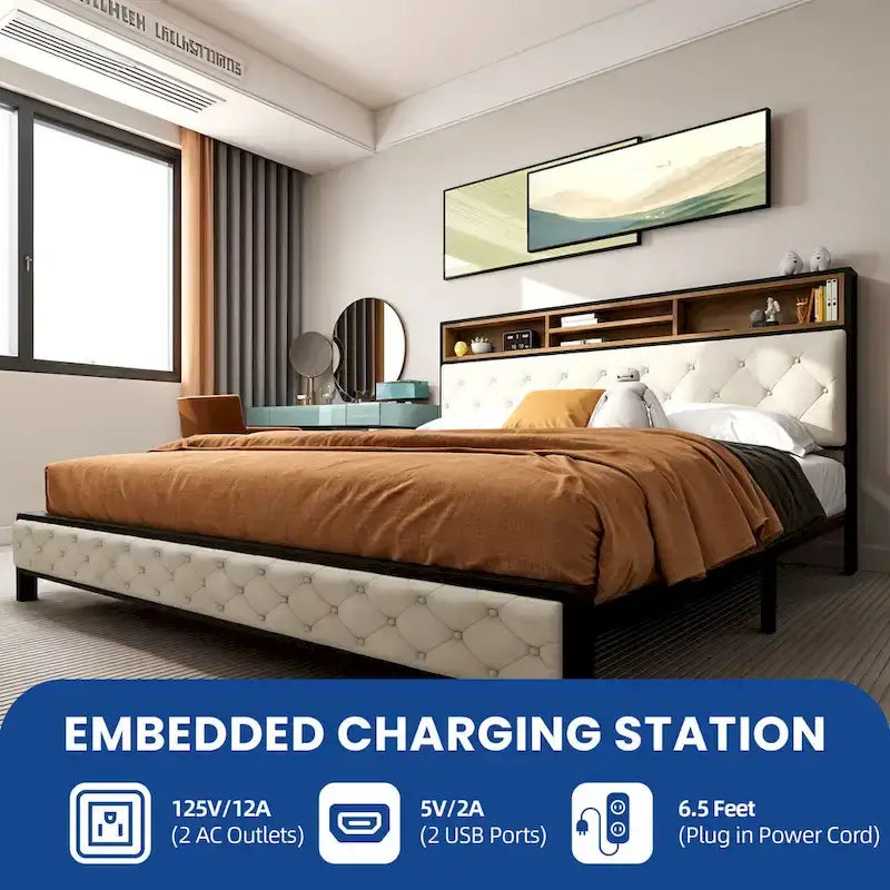 Letto contenitore imbottito moderno King con base di alimentazione USB