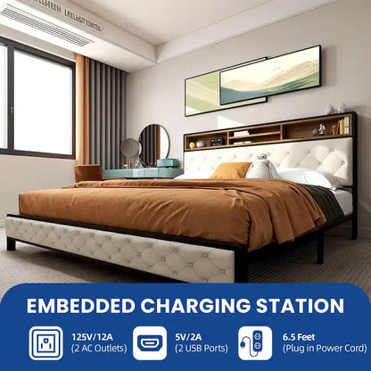 Letto contenitore imbottito moderno King con base di alimentazione USB
