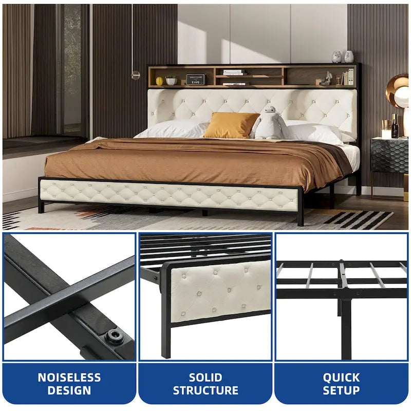 Letto contenitore imbottito moderno King con base di alimentazione USB