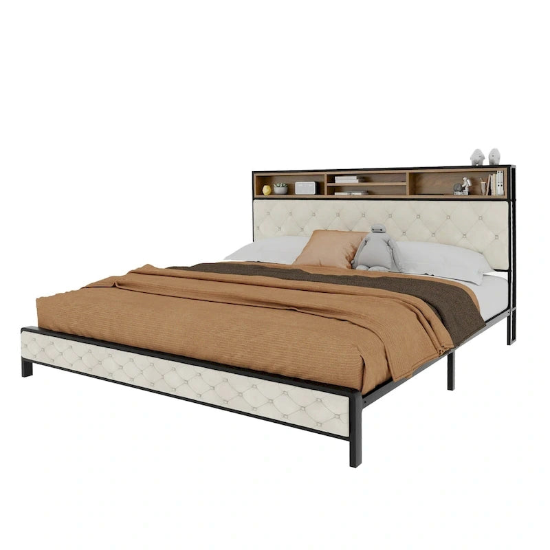 Letto contenitore imbottito moderno King con base di alimentazione USB