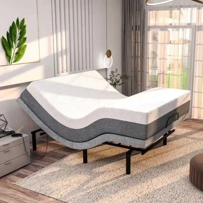 Renanim Adjustable Bed Frame with 14-inch Hybrid Mattress, Dual Massage, USB Ports, App Control, Underbed Light, Remote