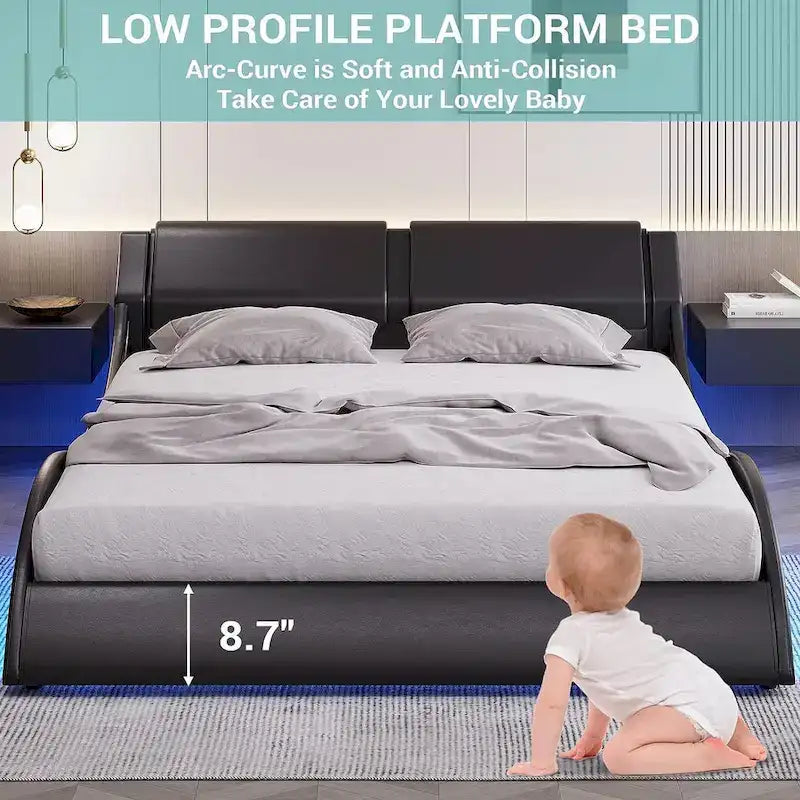 Letto matrimoniale moderno imbottito con struttura a piattaforma e luci a LED