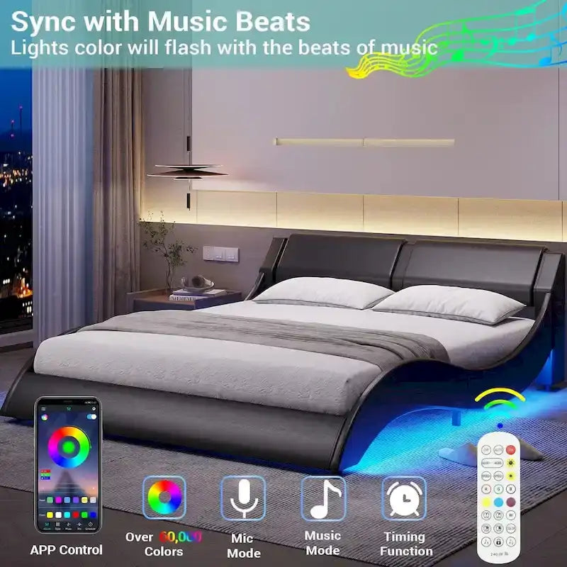 Letto matrimoniale moderno imbottito con struttura a piattaforma e luci a LED