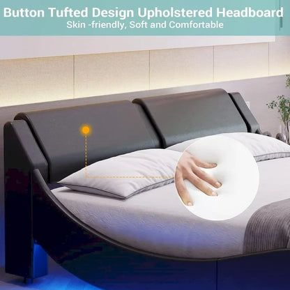 Letto matrimoniale moderno imbottito con struttura a piattaforma e luci a LED