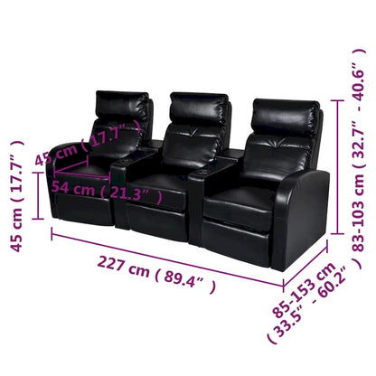 vidaXL Divano reclinabile per home theater a 3 posti in similpelle nera - 89,4 x 33,5 x 40,6 cm