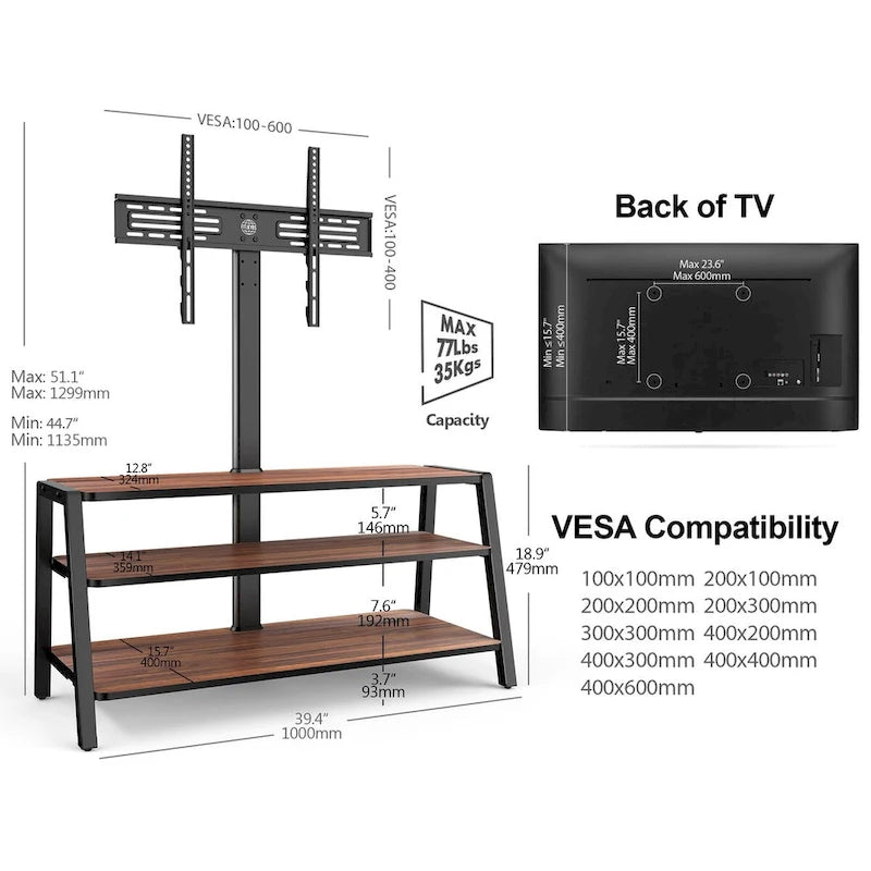 FITUEYES Supporto TV da pavimento a 3 livelli con supporto per TV da 37-70 pollici, noce