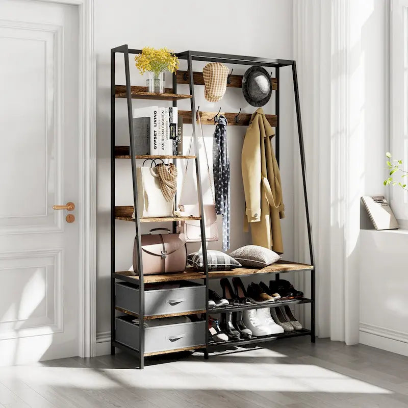 Appendiabiti da ingresso indipendente 6 in 1 Gymax con panca e tessuto