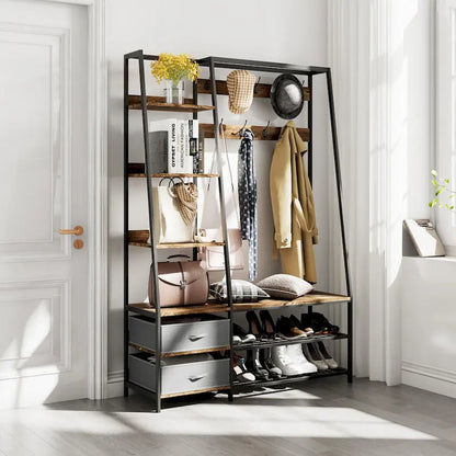 Appendiabiti da ingresso indipendente 6 in 1 Gymax con panca e tessuto