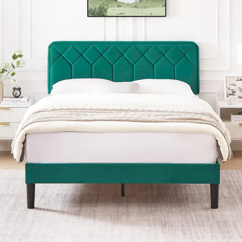 VECELO Upholstered Bed Frame with Adjustable Height Headboard, Twin/Full/Queen Size Beds, Dark Green