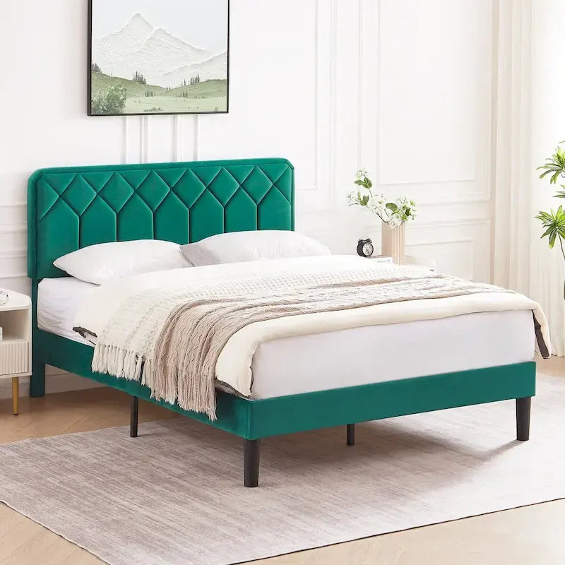 Struttura letto imbottita VECELO con testiera regolabile in altezza, letti singoli/matrimoniali/queen size, verde scuro