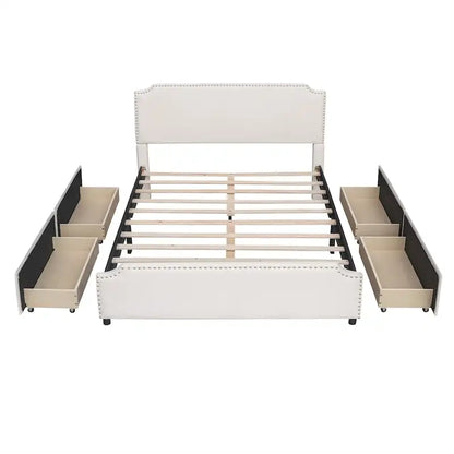 Letto imbottito con testiera e pediera con finiture a borchie e 4 cassetti, non necessita di box spring, tessuto in velluto, misura matrimoniale