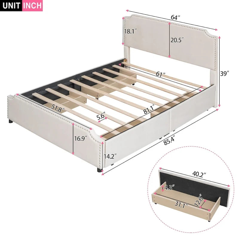 Letto imbottito con testiera e pediera con finiture a borchie e 4 cassetti, non necessita di box spring, tessuto in velluto, misura matrimoniale