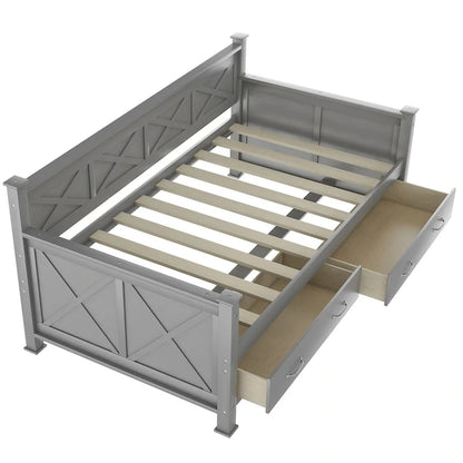 Divano letto matrimoniale in legno moderno e rustico in stile casual con 2 cassetti portaoggetti e testiera