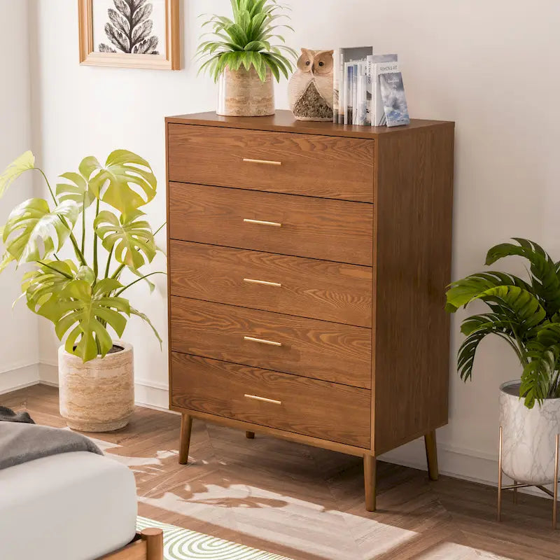Furniture of America Beau Midcentury Walnut 5-Drawer Chest with Interlocking Drawers
