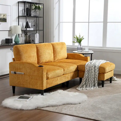 Divano da soggiorno a L imbottito in ciniglia HOMEFUN con pouf contenitore