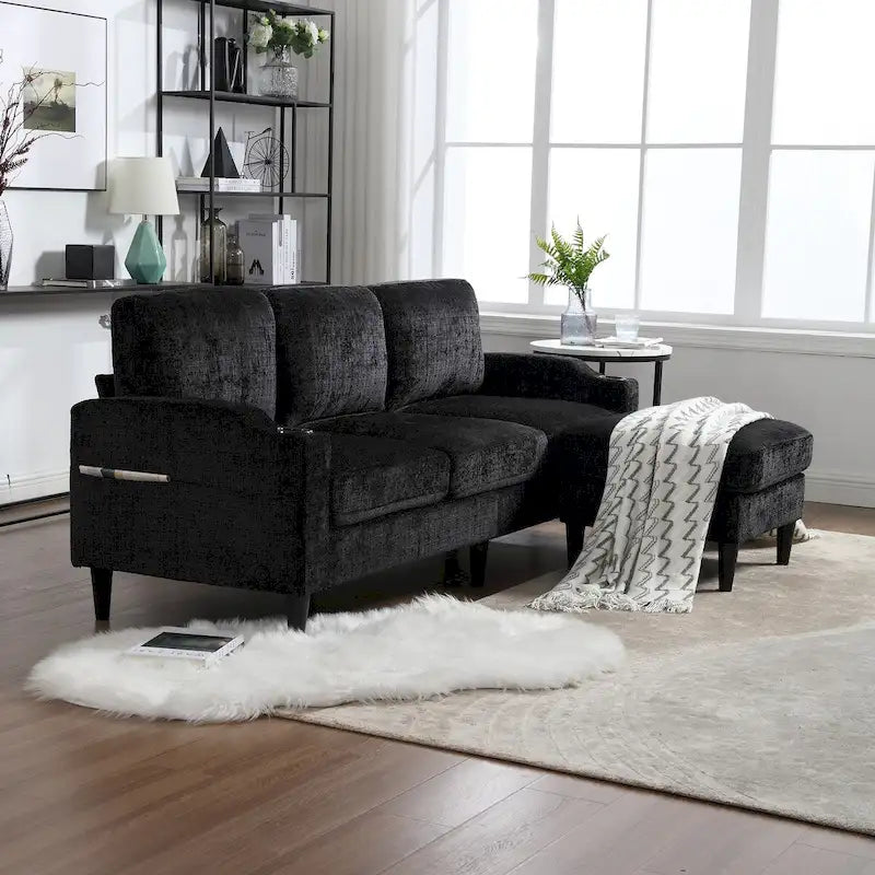 Divano da soggiorno a L imbottito in ciniglia HOMEFUN con pouf contenitore