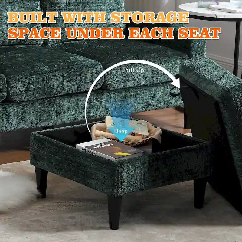 Divano da soggiorno a L imbottito in ciniglia HOMEFUN con pouf contenitore