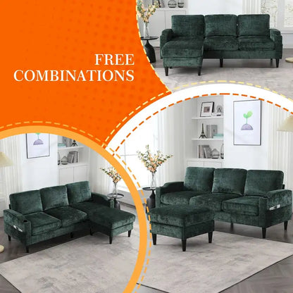 Divano da soggiorno a L imbottito in ciniglia HOMEFUN con pouf contenitore