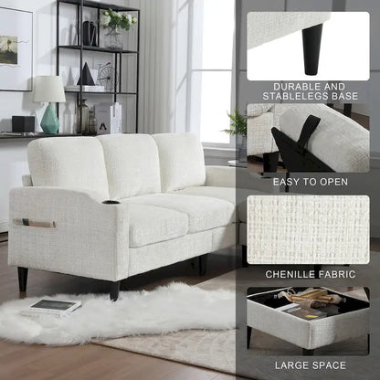 Divano da soggiorno a L imbottito in ciniglia HOMEFUN con pouf contenitore