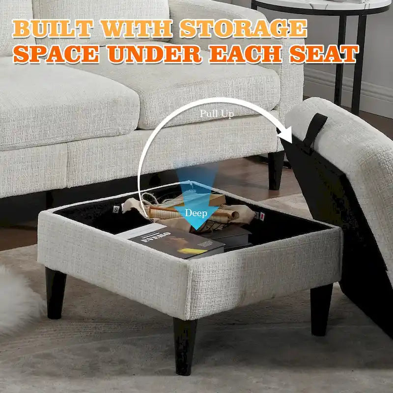 Divano da soggiorno a L imbottito in ciniglia HOMEFUN con pouf contenitore