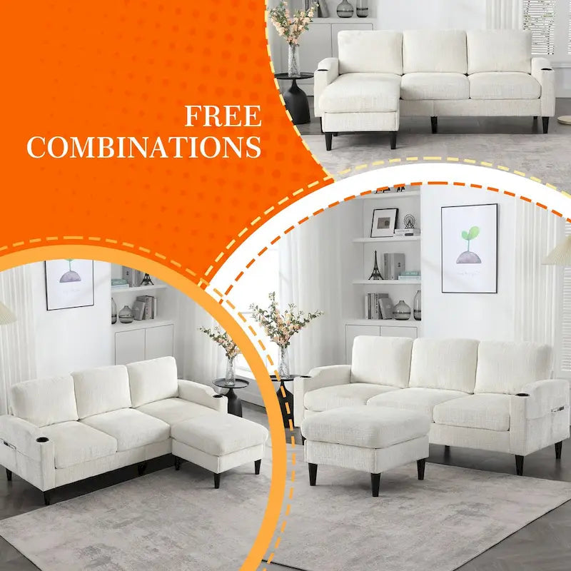 Divano da soggiorno a L imbottito in ciniglia HOMEFUN con pouf contenitore