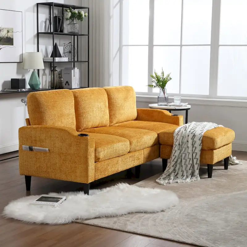 Divano da soggiorno a L imbottito in ciniglia HOMEFUN con pouf contenitore