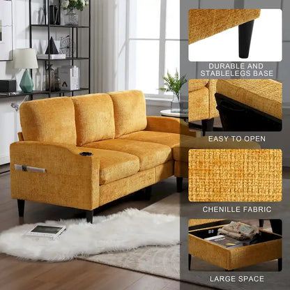 Divano da soggiorno a L imbottito in ciniglia HOMEFUN con pouf contenitore