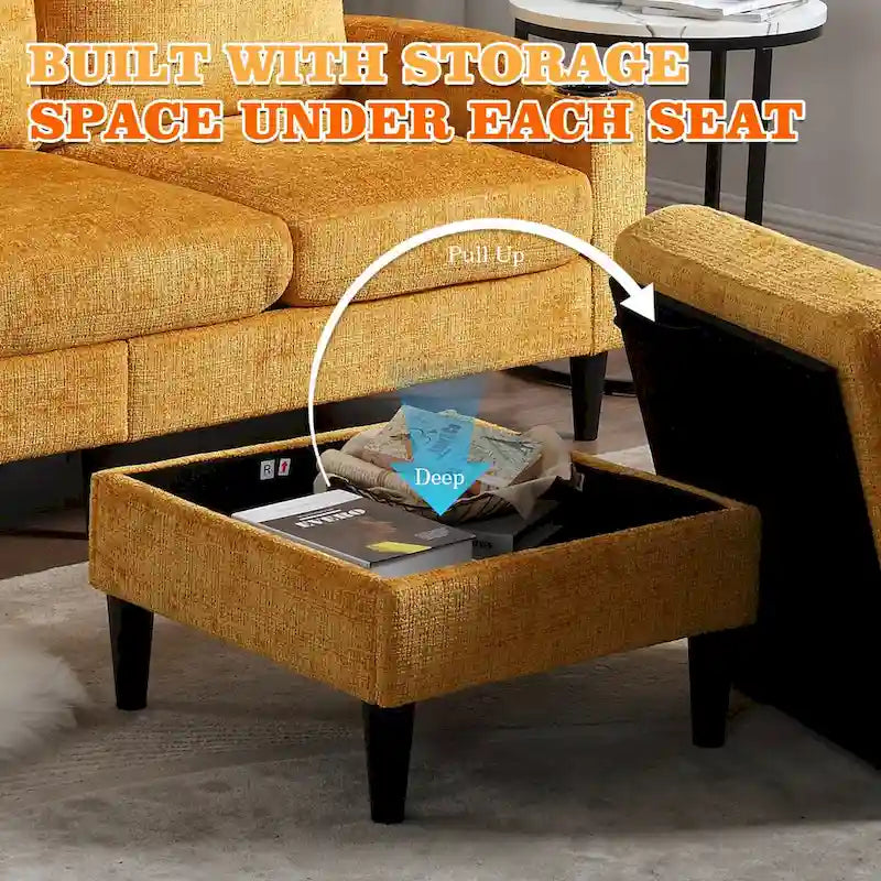 Divano da soggiorno a L imbottito in ciniglia HOMEFUN con pouf contenitore