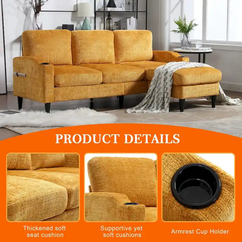 Divano da soggiorno a L imbottito in ciniglia HOMEFUN con pouf contenitore