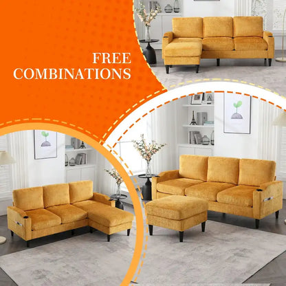 Divano da soggiorno a L imbottito in ciniglia HOMEFUN con pouf contenitore