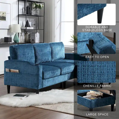 Divano da soggiorno a L imbottito in ciniglia HOMEFUN con pouf contenitore