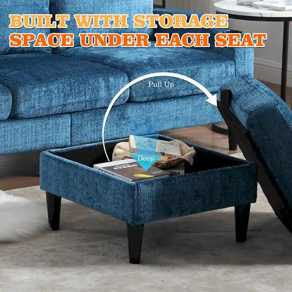 Divano da soggiorno a L imbottito in ciniglia HOMEFUN con pouf contenitore