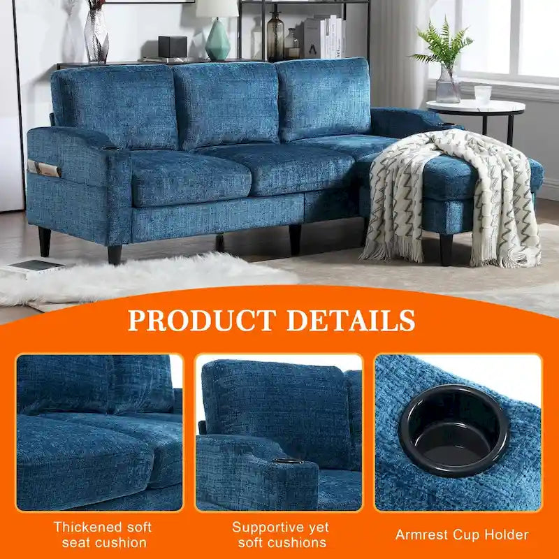 Divano da soggiorno a L imbottito in ciniglia HOMEFUN con pouf contenitore