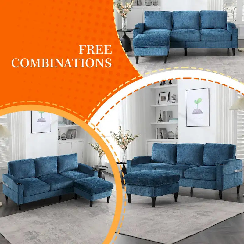 Divano da soggiorno a L imbottito in ciniglia HOMEFUN con pouf contenitore