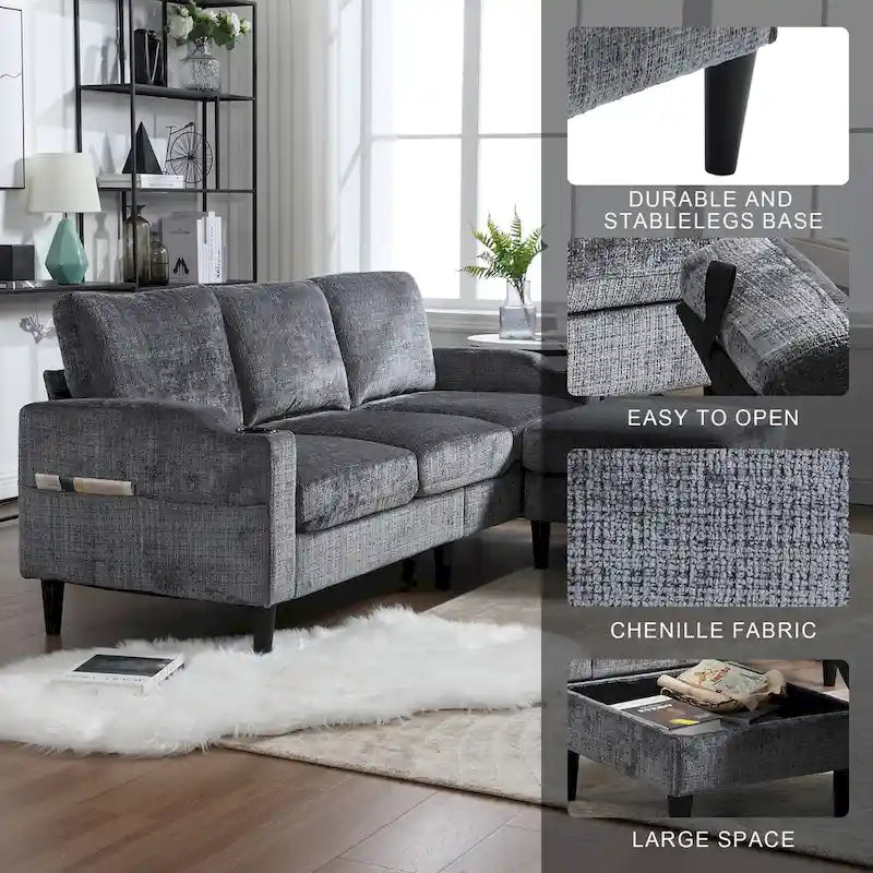 Divano da soggiorno a L imbottito in ciniglia HOMEFUN con pouf contenitore