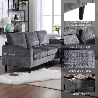 Divano da soggiorno a L imbottito in ciniglia HOMEFUN con pouf contenitore