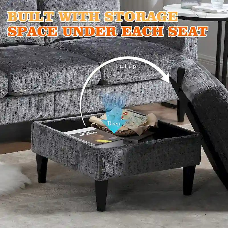 Divano da soggiorno a L imbottito in ciniglia HOMEFUN con pouf contenitore