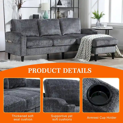 Divano da soggiorno a L imbottito in ciniglia HOMEFUN con pouf contenitore