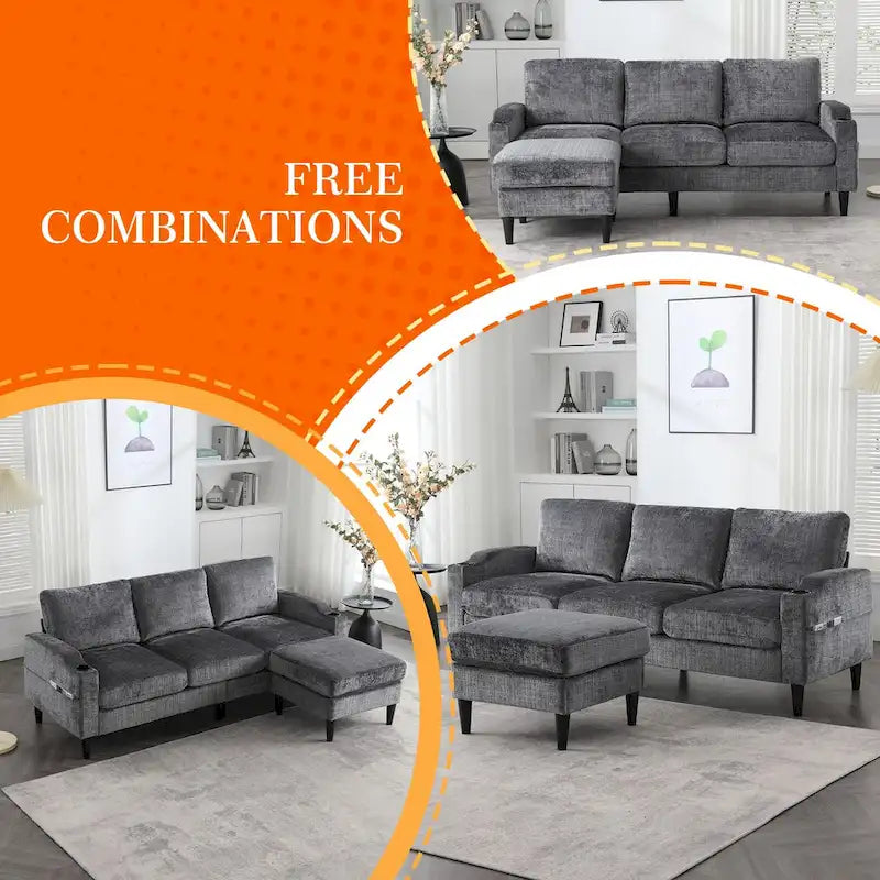 Divano da soggiorno a L imbottito in ciniglia HOMEFUN con pouf contenitore