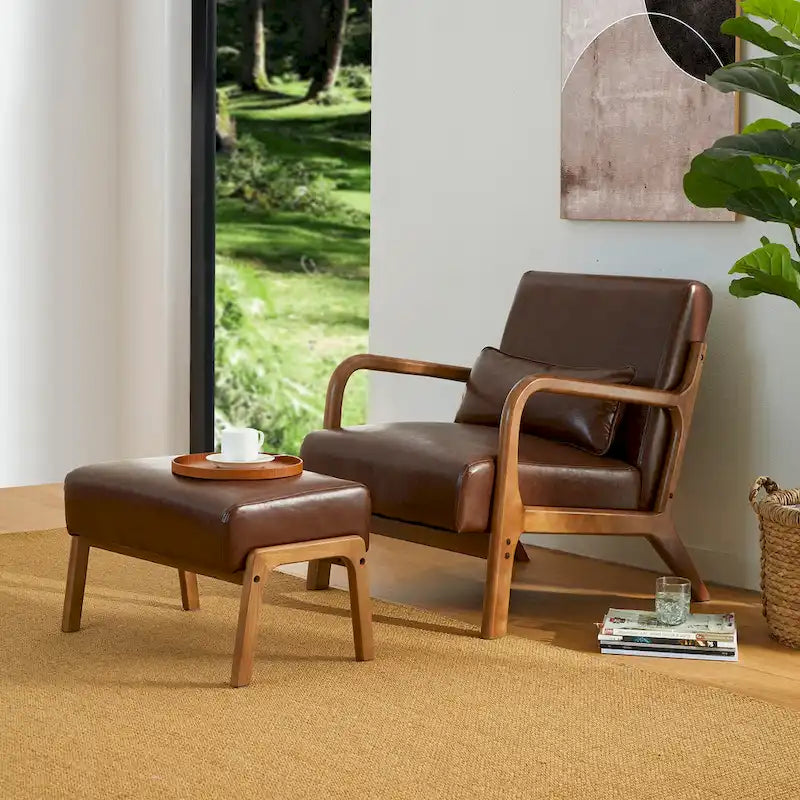 Poltrona in pelle PU di metà secolo Glitzhome 30,75 H con set pouf