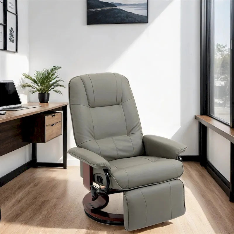 Poltrona reclinabile girevole manuale in pelle con braccioli e poggiapiedi estensibile