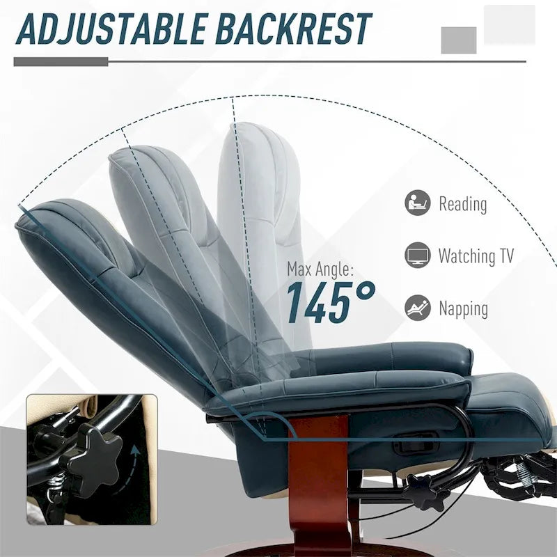 Poltrona reclinabile girevole manuale in pelle con braccioli e poggiapiedi estensibile