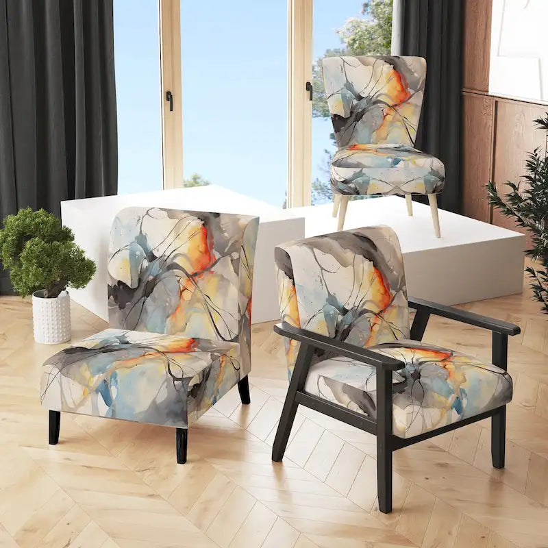 Designart   Marble Serenity Colorful Gray Watercolor Waves I   Upholstered Abstract Shapes Accent Chair and Modern Arm Chair