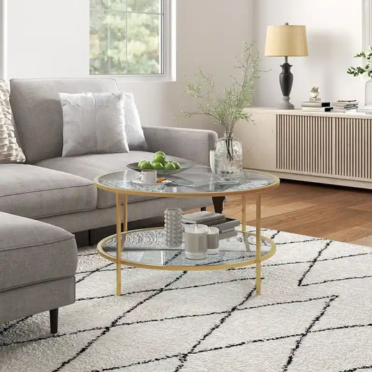 HOMCOM Side Table with Storage, 32   Round End Table, 2-Tier Tempered Glass Coffee Table with Steel Frame