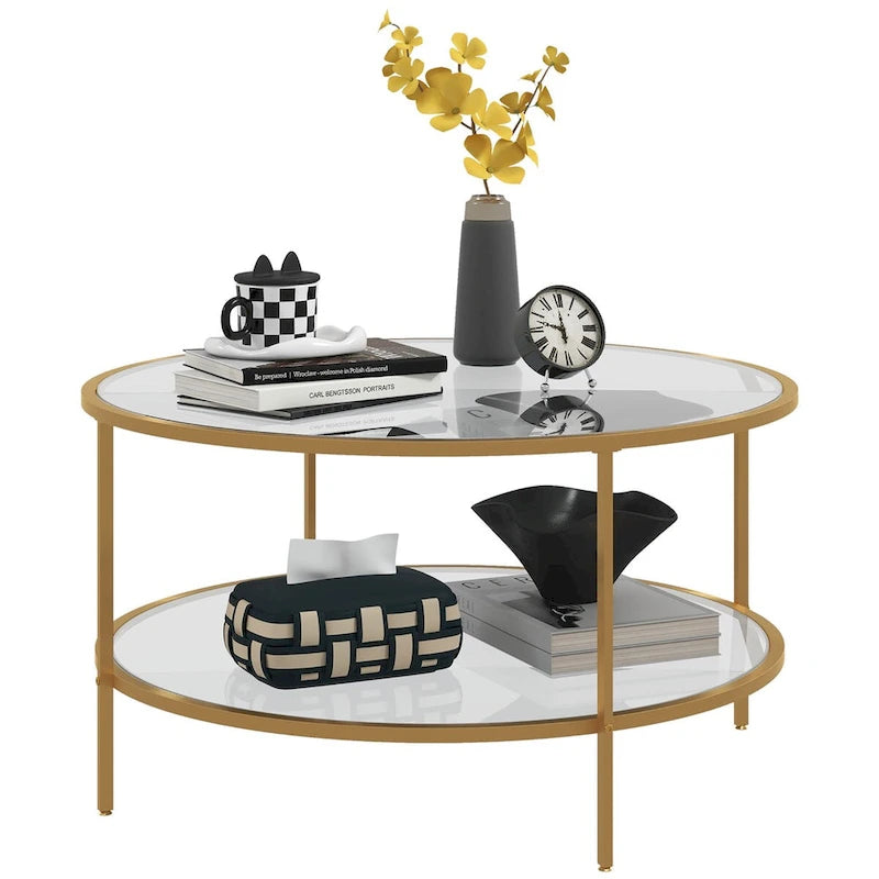 Tavolino laterale HOMCOM con contenitore, tavolino rotondo da 32 pollici, tavolino da caffè in vetro temperato a 2 livelli con struttura in acciaio
